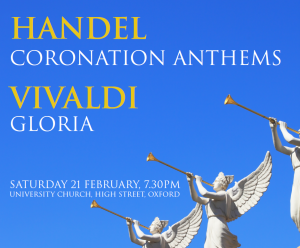 bright blue sky background with angel stone statues playing golden bugles and composer names and pieces as appear in event listing