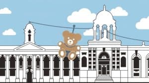 Cartoon image of Teddy Bear ziplining in front of Queen's FQ buildings