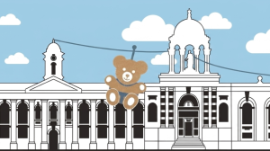 Cartoon image of Teddy Bear ziplining in front of Queen's FQ buildings