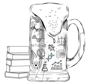 a line drawing of an overflowing beer tankard showing research symbols like graphs and DNA, and a stack of books next to it