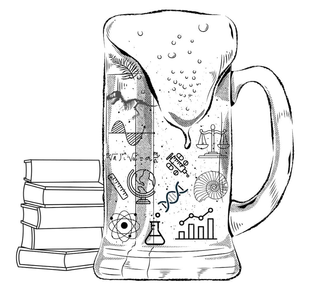 a line drawing of an overflowing beer tankard showing research symbols like graphs and DNA, and a stack of books next to it