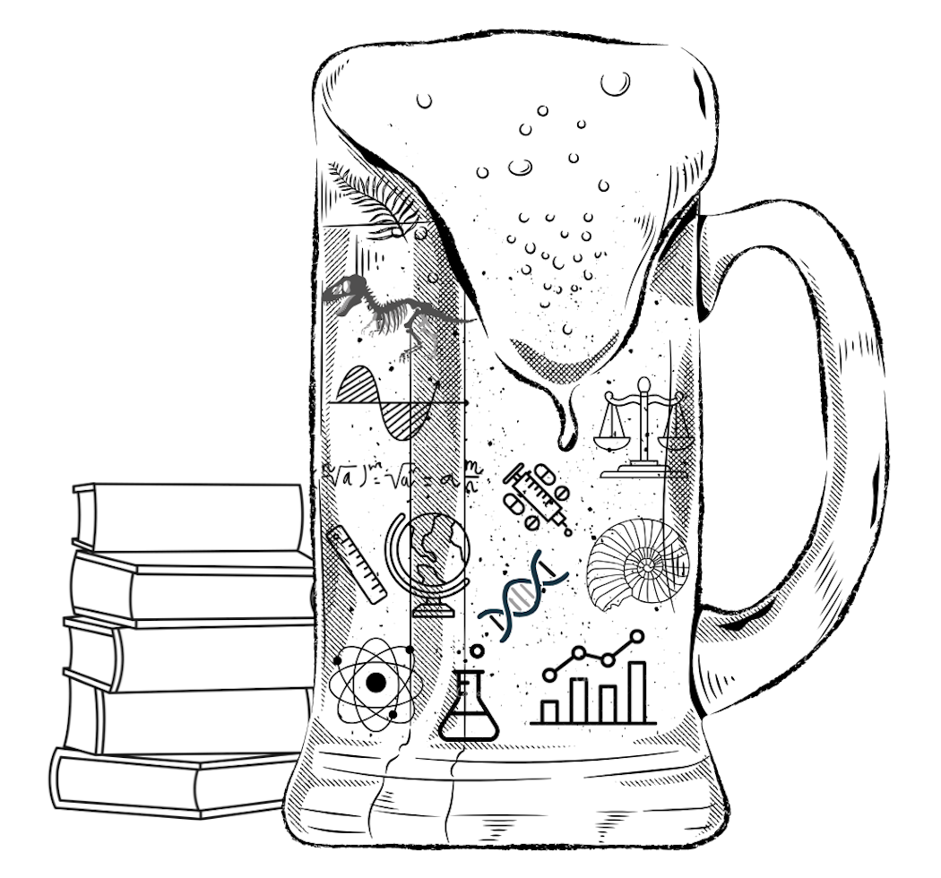 a line drawing of an overflowing beer tankard showing research symbols like graphs and DNA, and a stack of books next to it