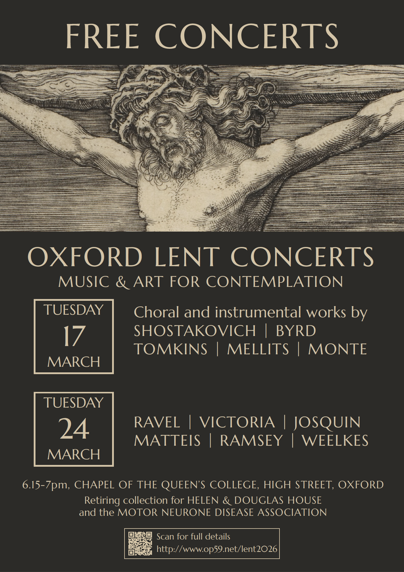 Oxford Lent Concerts poster showing an illustration of Christ on the cross and all text details contained in the main event listing
