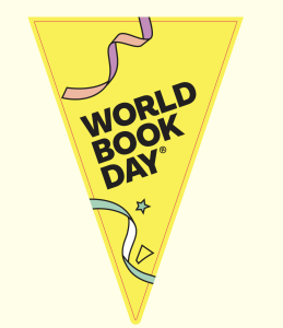 World Book Day 2026 yellow bunting triangle decorated with coloured streamers and a star