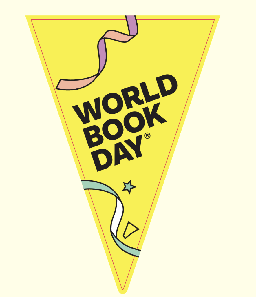 World Book Day 2026 yellow bunting triangle decorated with coloured streamers and a star