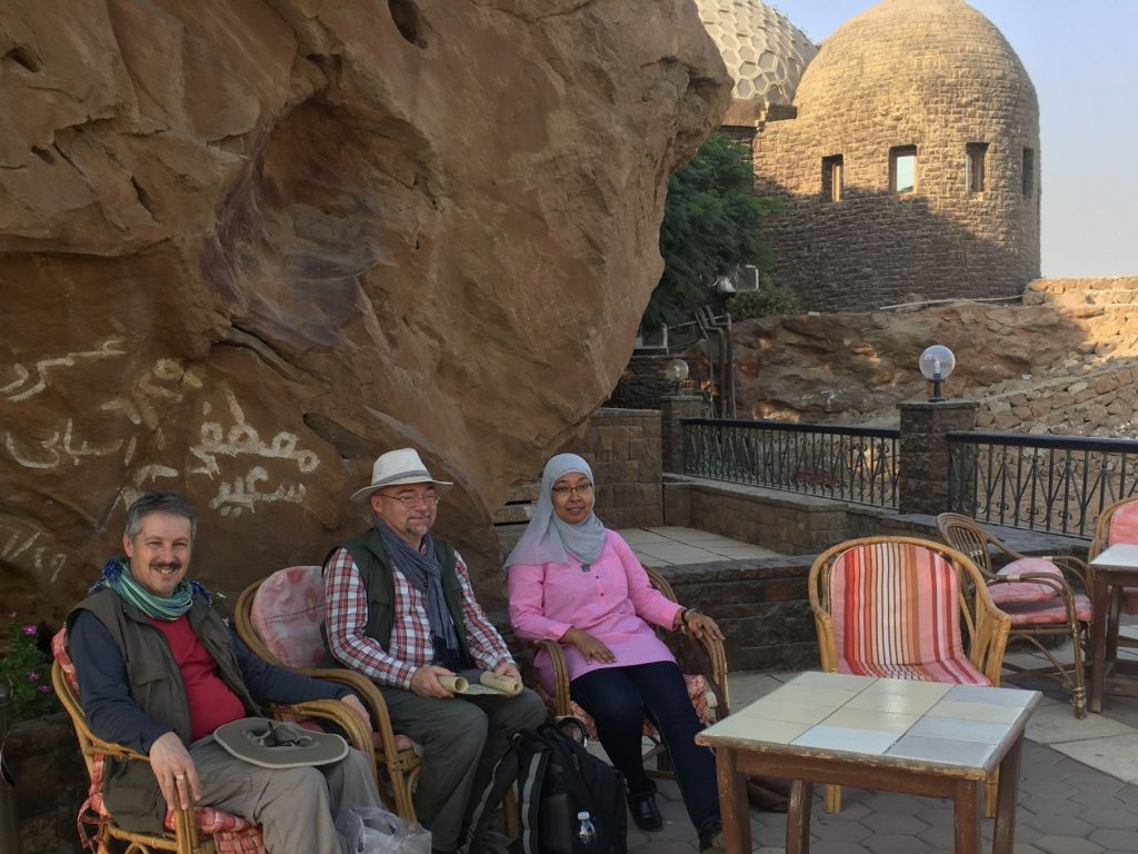 Professor Parkinson (middle) visiting one of the locations mentioned in the poem, the Gebal Ahmar near Cairo, with Tim Reid and Hebatallah Ibrahim, 2019.