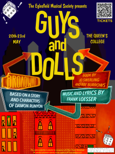 Poster for Guys and Dolls musical at Queen's. All text in the event listing. The image features a cityscape backdrop with Broadway-style signs and dice illustrations