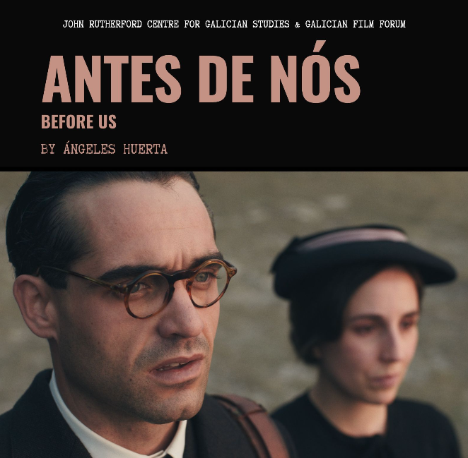 a film poster for Antes de Nos featuring a man in the foreground with a thoughtful and strained expression and a women in the background wearing a hat and dressed in black