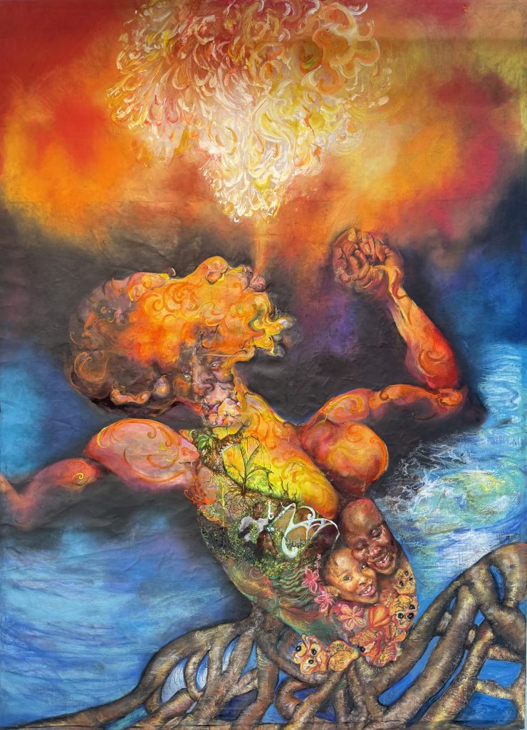 A photograph of the work 'As it was in the beginning so shall it be in the end' Medium: Chalk Pastel and Acrylic Paint on Canvas 2 M x 2.7432 M