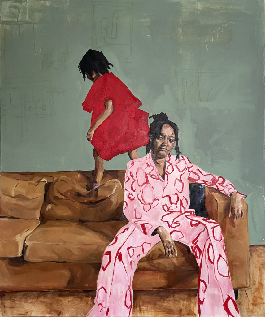 'Inset Day' by Yvadney Davis: a young girl walks along the back of a brown sofa while a woman sits on the sofa