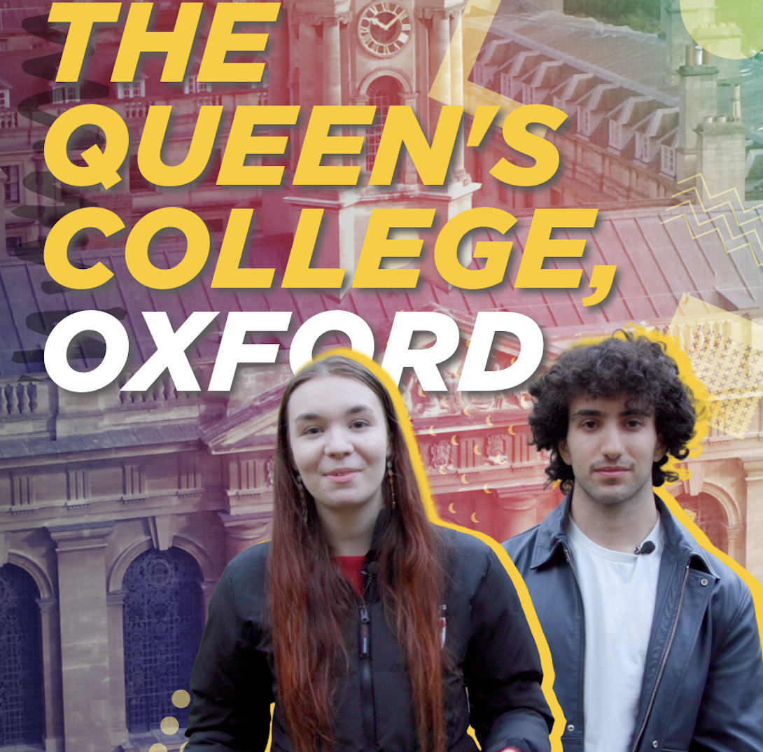 A photo of student tour-leaders Heather and Arashk in front of a background of the clocktower at Queen;s with a stylised yellow outline of them and the text 'The Queen's College, Oxford'