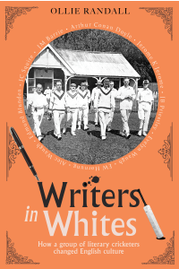 Writers in Whites book cover showing an old black and white photograph of cricketers in a circle in the middle of the cover with pen an cricket bat drawings on the outside and an orange background