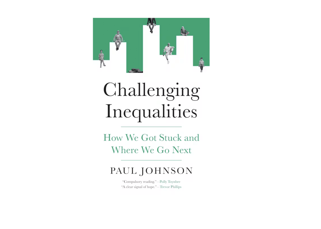 book cover for 'Challenging Inequalities' which shows white blocks that look like buildings at different levels with human figures sitting on them