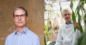 Chris O'Callaghan profile photo taken against the College stone and Steve Kelly profile photo taken in the lab surrounded by plant samples