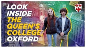 A photo of student tour-leaders Heather and Arashk in front of a background of the clocktower at Queen;s with a stylised yellow outline of them and the text 'The Queen's College, Oxford'