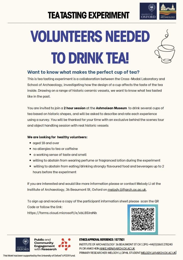 tea-tasting experiment call for participants poster with the title 'volunteers needed to drink tea'