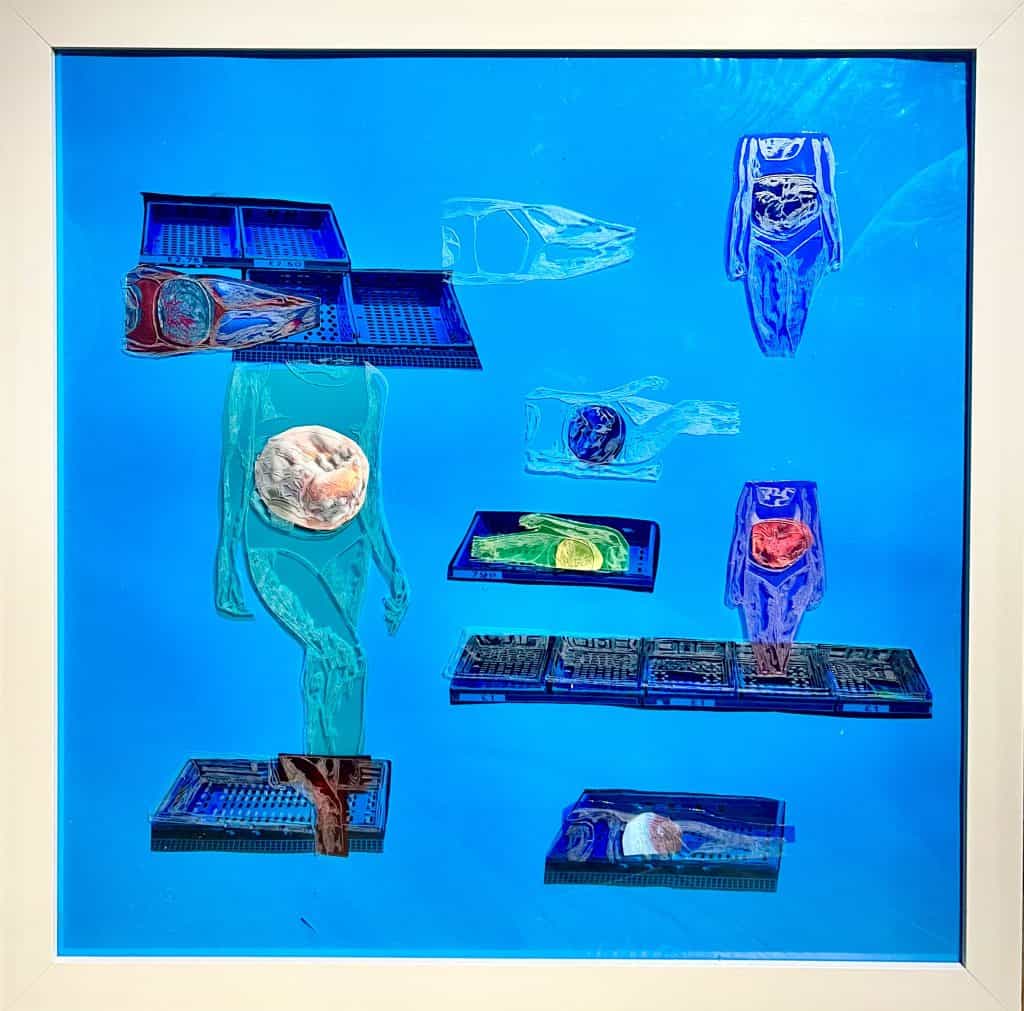 'Fruits of the Womb' (drypoint on Perspex, coloured film sheets, printed photographs) by Rosa Goddard; the art work depicts supermarket items interspersed with body parts and fruit