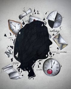 cover artwork for to Fragmented: A New Translation of Selected Unfinished Todesarten Texts byt Emily Dicker. The illustration depicts a face in profile with clock and scroll motifs around the edges.