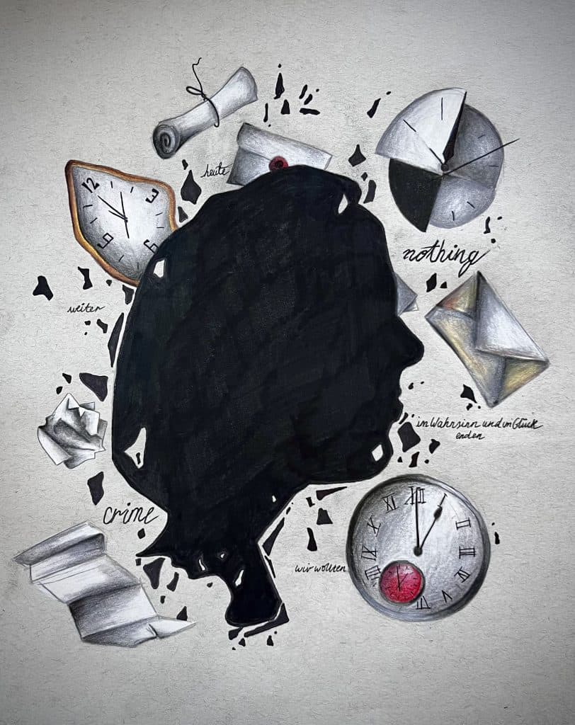 cover artwork for to Fragmented: A New Translation of Selected Unfinished Todesarten Texts byt Emily Dicker. The illustration depicts a face in profile with clock and scroll motifs around the edges.