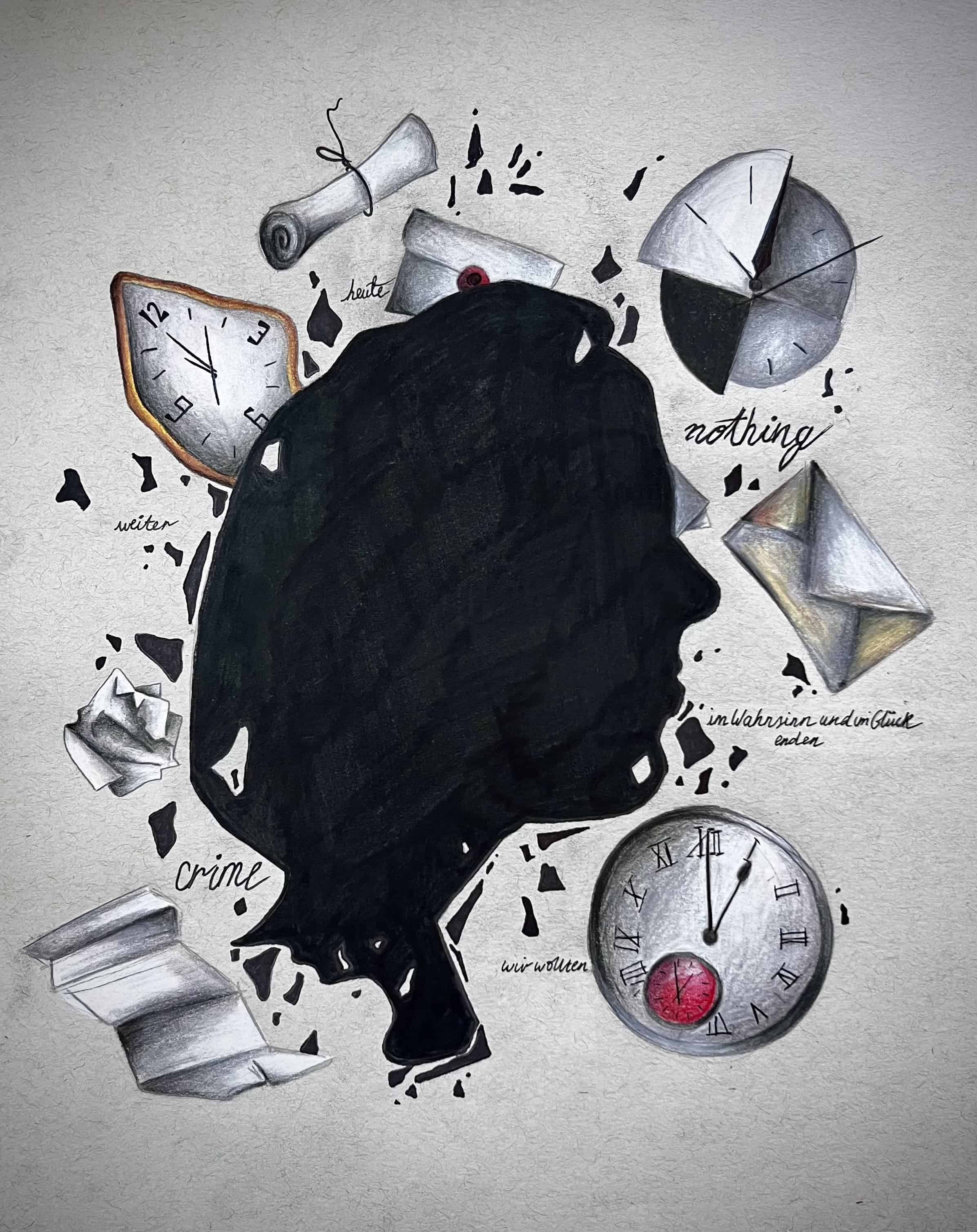 cover artwork for to Fragmented: A New Translation of Selected Unfinished Todesarten Texts byt Emily Dicker. The illustration depicts a face in profile with clock and scroll motifs around the edges.