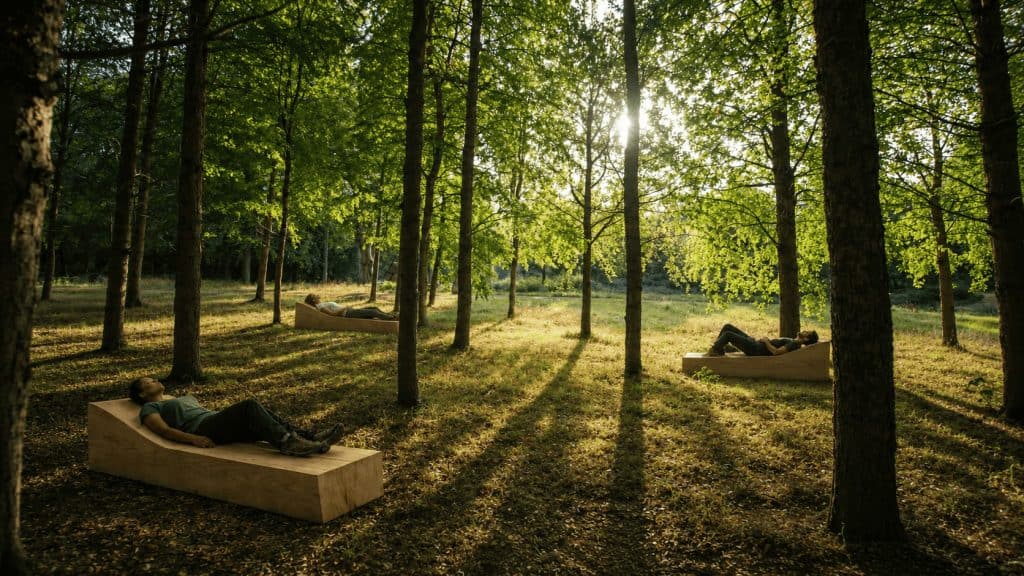Peaceful forest with sunlight filtering through trees and benches for relaxation.
