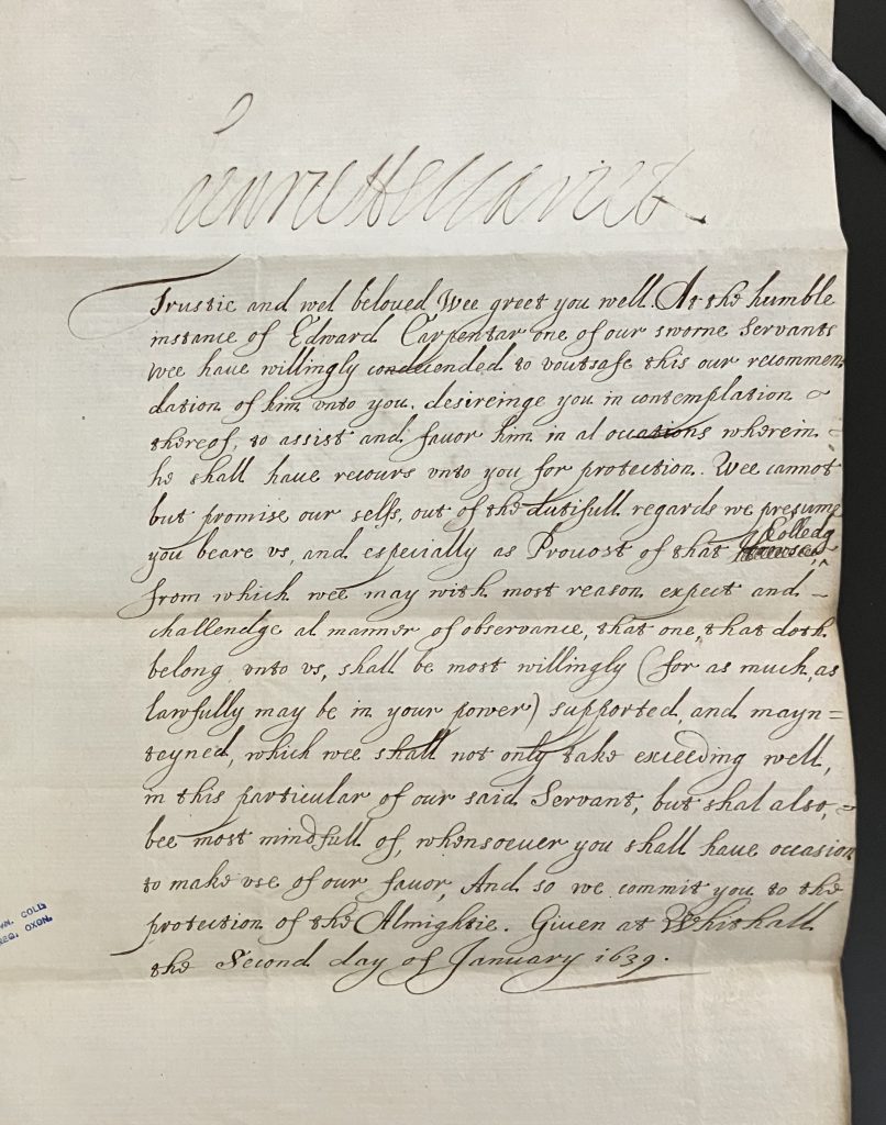 Letter from Henrietta Maria to Christopher Potter, 1639-40