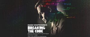 the play's poster image for 'Breaking the Code' featuring Turing in profile in black and white with lines of coloured code overlaid
