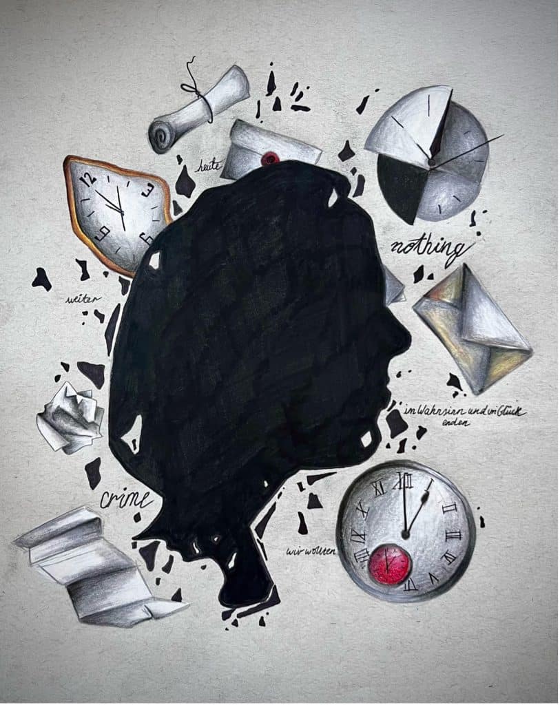 cover artwork for to Fragmented: A New Translation of Selected Unfinished Todesarten Texts by Emily Dicker. The illustration depicts a face in profile with clock and scroll motifs around the edges.