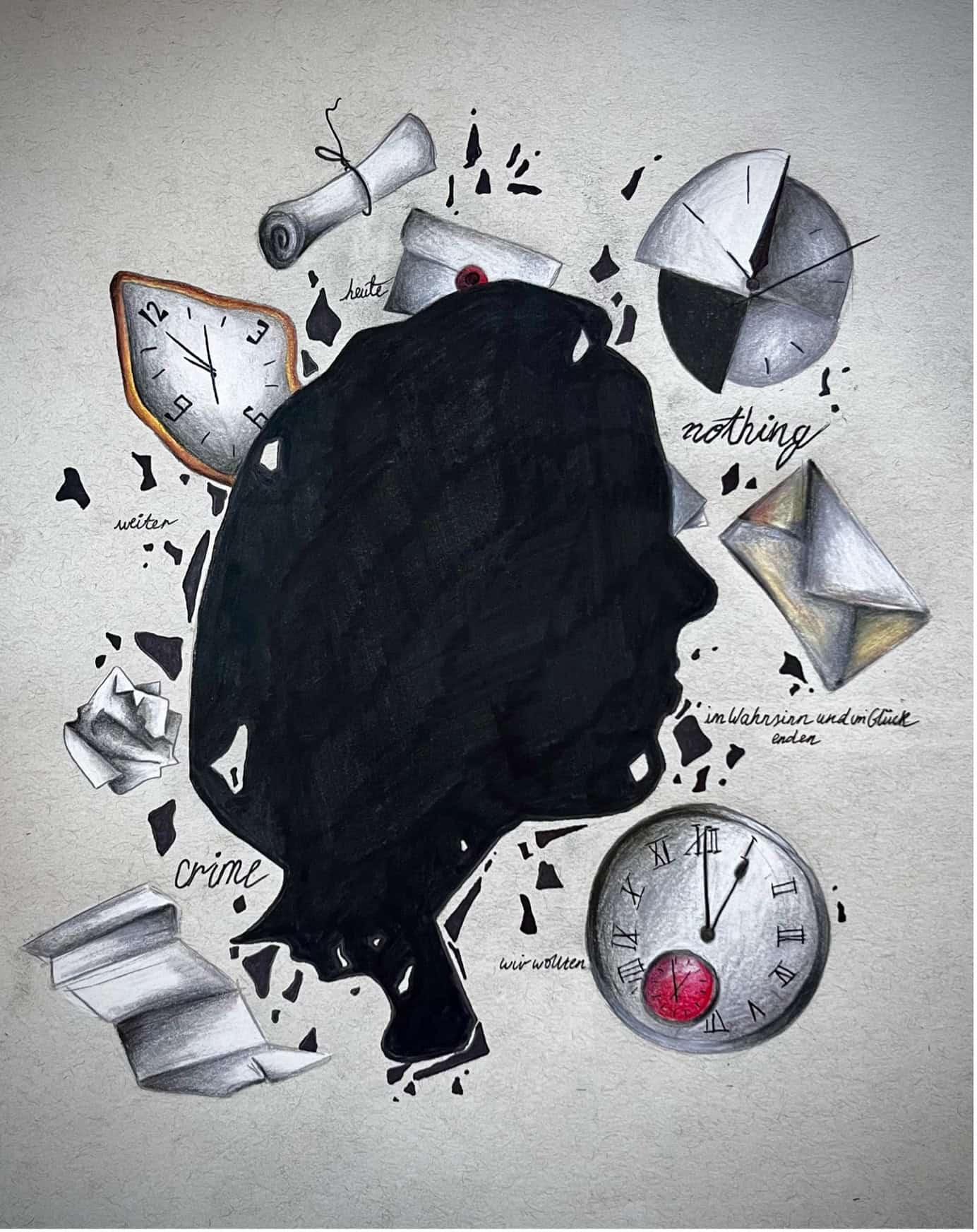 cover artwork for to Fragmented: A New Translation of Selected Unfinished Todesarten Texts by Emily Dicker. The illustration depicts a face in profile with clock and scroll motifs around the edges.