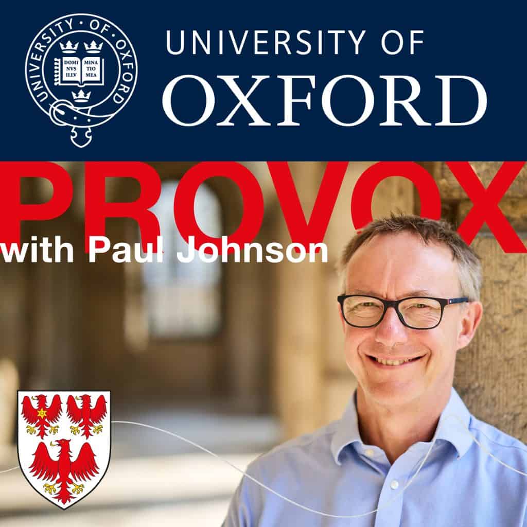 Icon for Provox podcast showing the Oxford University coat of arms and name at the top and Paul Johnson in the cloister at Queen's below