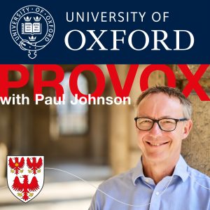 Icon for Provox podcast showing the Oxford University coat of arms and name at the top and Paul Johnson in the cloister at Queen's below