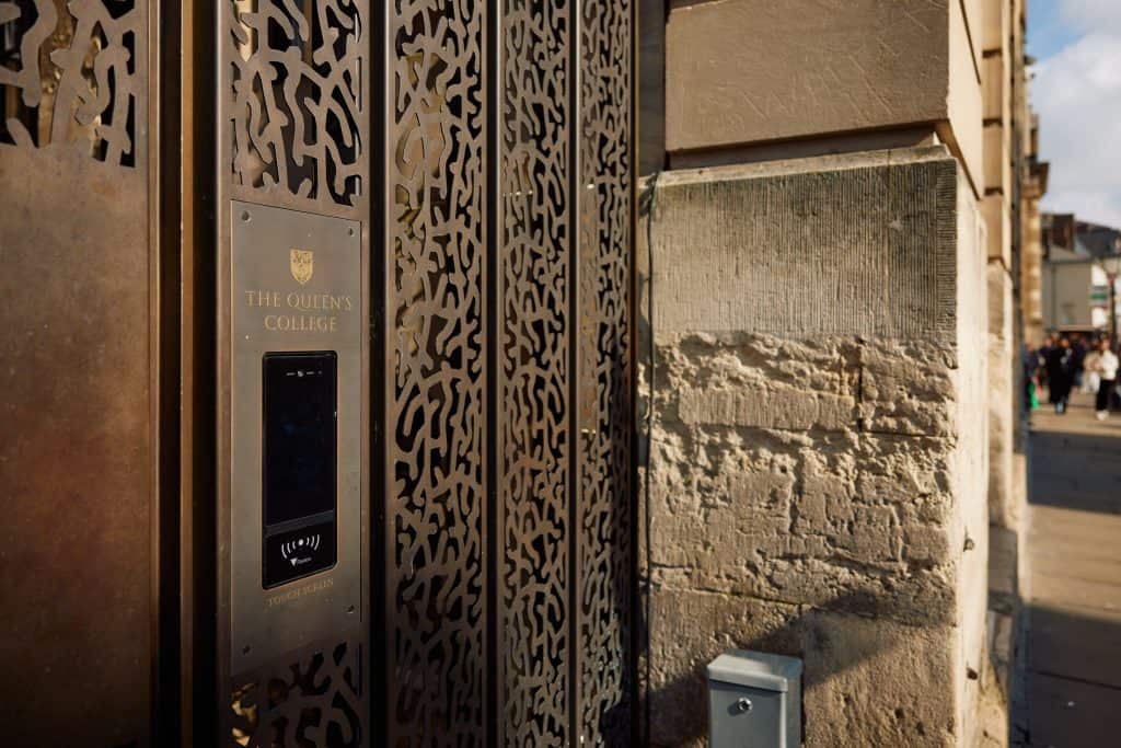 Close-up of the intercom panel on the College's accessible entrance on High Street.