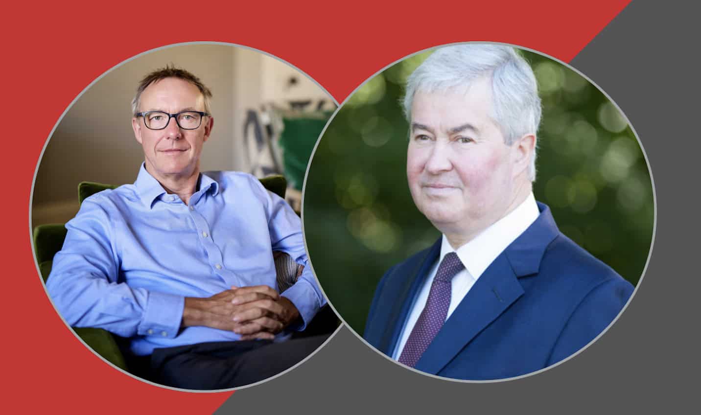 a venn diagram style outline of two circles overlapping with Paul Johnson's profile photo in one (left) and Sir Richard Barrons' photo jn the other (right). The background is solid red and dark grey with the two colours meeting on a slant.
