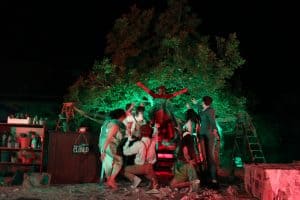 a production shot from an open air play in the gardens of Queen's College. The image is taken after dark and people are crowded around a green light