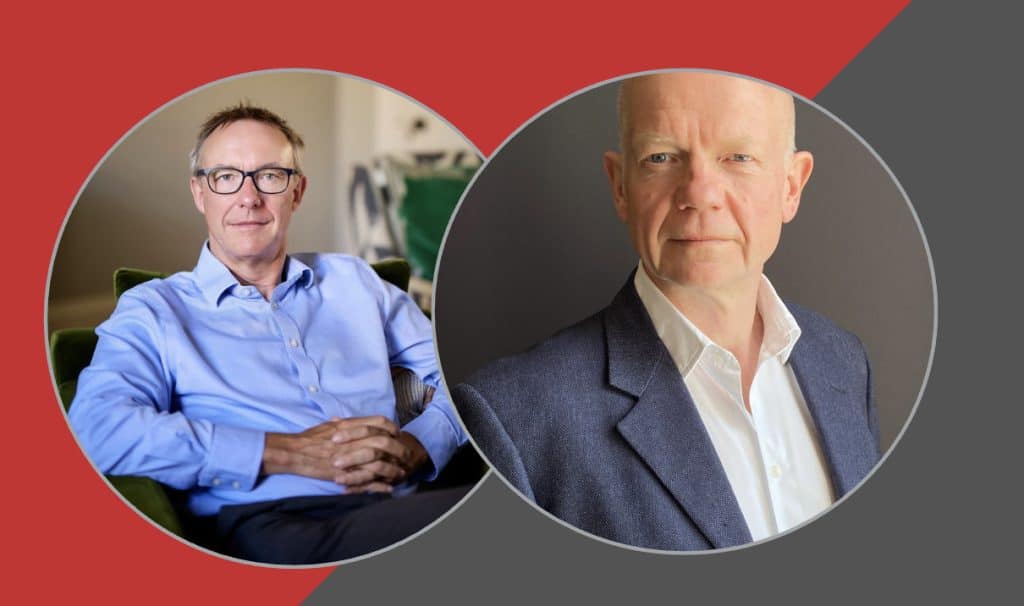 a venn diagram style outline of two circles overlapping with Paul Johnson's profile photo in one (left) and Lord Hague's photo jn the other (right). The background is solid red and dark grey with the two colours meeting on a slant.