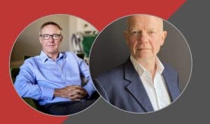a venn diagram style outline of two circles overlapping with Paul Johnson's profile photo in one (left) and Lord Hague's photo jn the other (right). The background is solid red and dark grey with the two colours meeting on a slant.