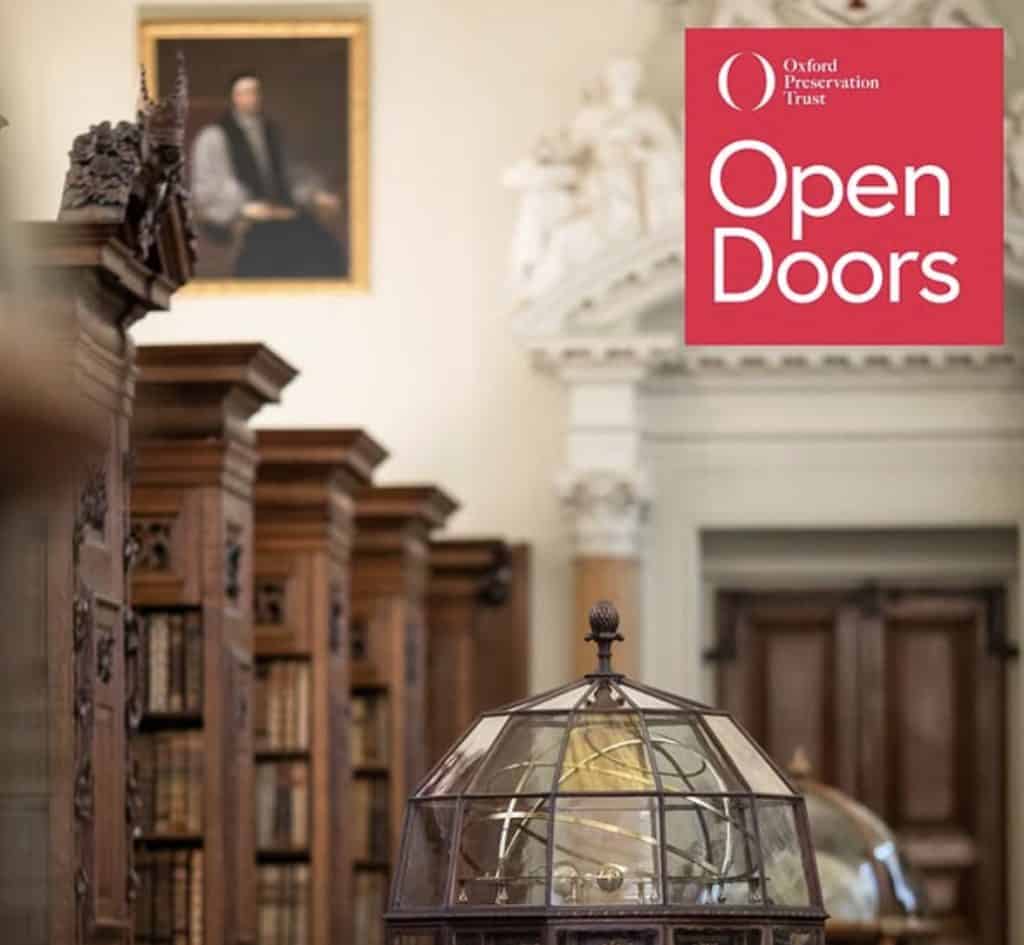 the Upper Library at Queen's with the Oxford Open Doors logo in the top right hand corner - the logo is a red square with the words Open Doors