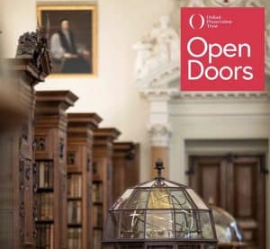 the Upper Library at Queen's with the Oxford Open Doors logo in the top right hand corner - the logo is a red square with the words Open Doors