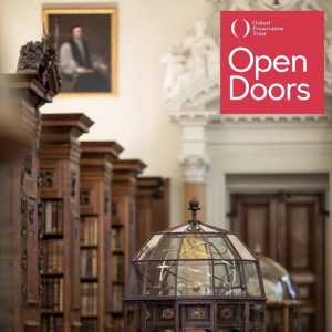 the Upper Library at Queen's with the Oxford Open Doors logo in the top right hand corner - the logo is a red square with the words Open Doors