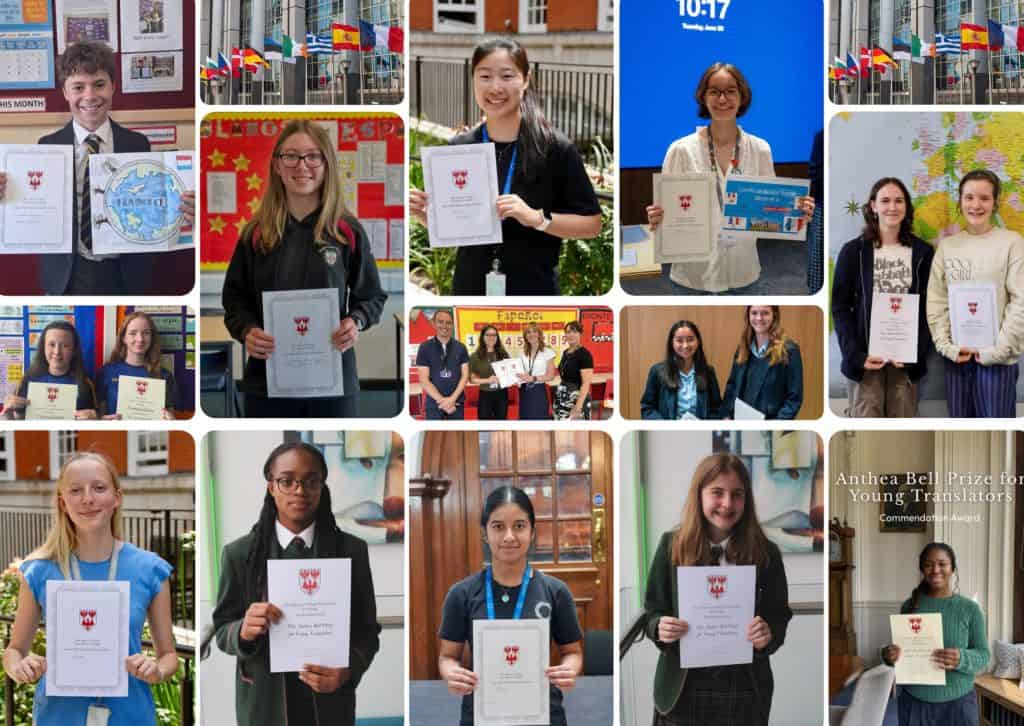 A montage of former Anthea Bell Prize winners and highly commended entrants holding their certificates from the following schools:Lichfield Cathedral School, photo by N. Smith, Wycombe High School, Callywith College, photo by Charli Hanney, Richard Lander School,St John the Baptist's College, photo by S. Morgan, Headington Rye School, Clayesmore School, St Paul's Girls School, Albyn School