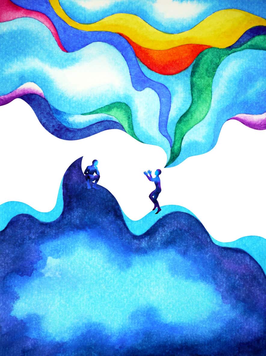abstract watercolour painting illustration of two human figures facing each other and coloured lines seeming to emanate from one of them almost like a speech bubble