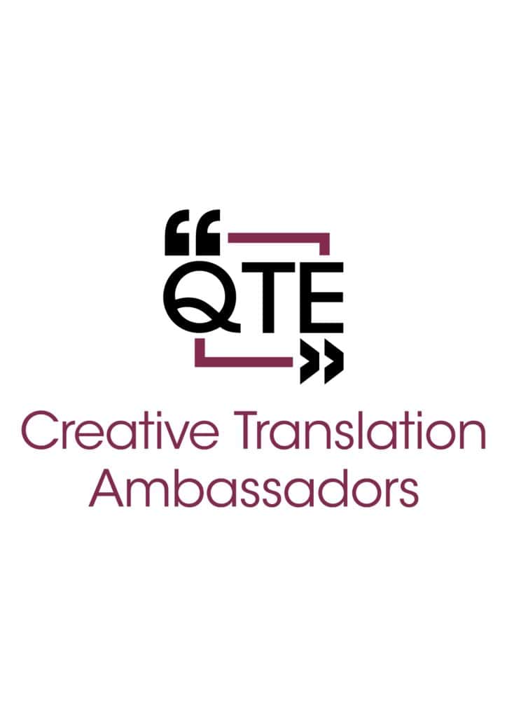 logo for Creative Translation Ambassadors with a purple open square and the letters QTE along with two kinds of quotation mark