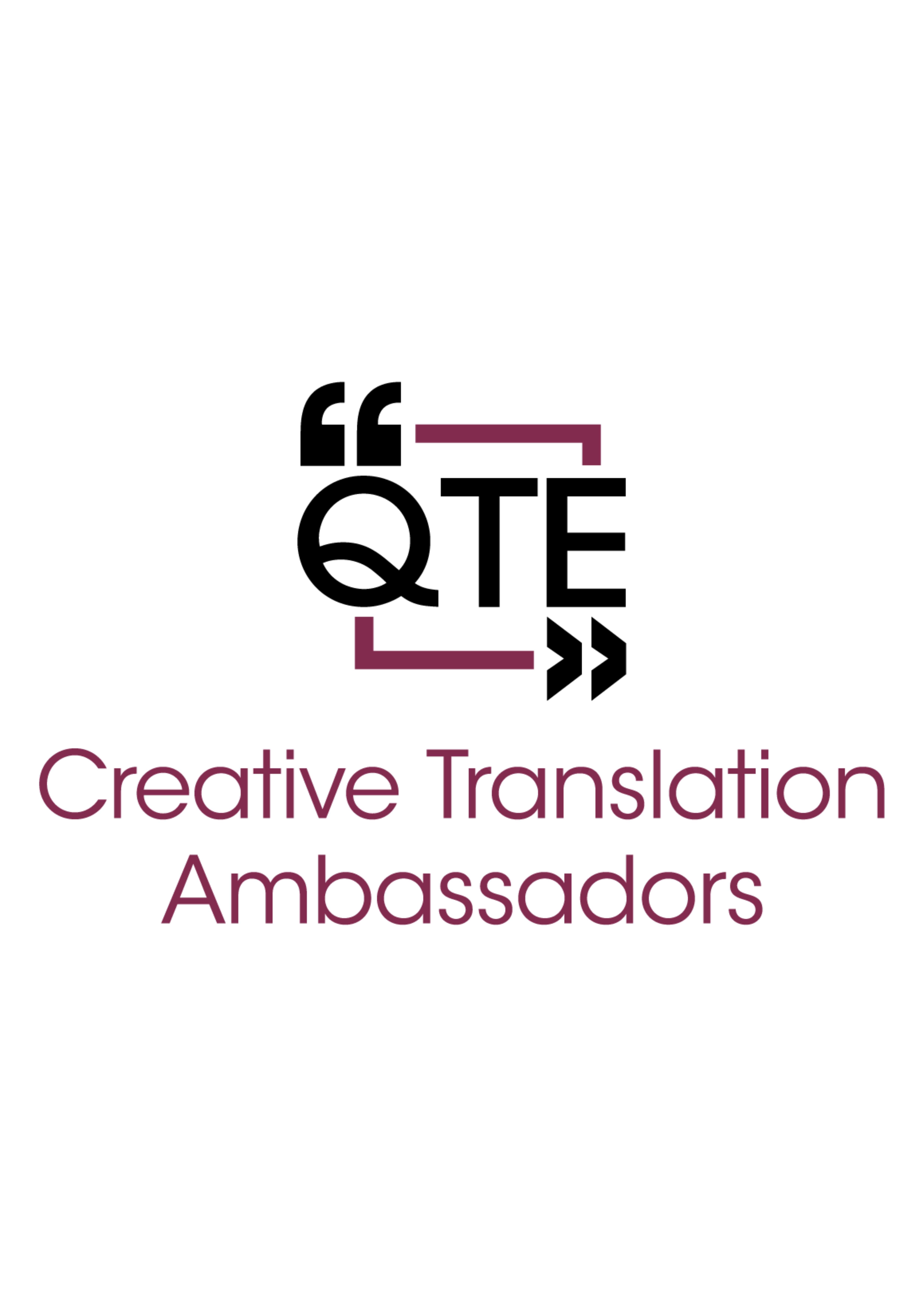 logo for Creative Translation Ambassadors with a purple open square and the letters QTE along with two kinds of quotation mark