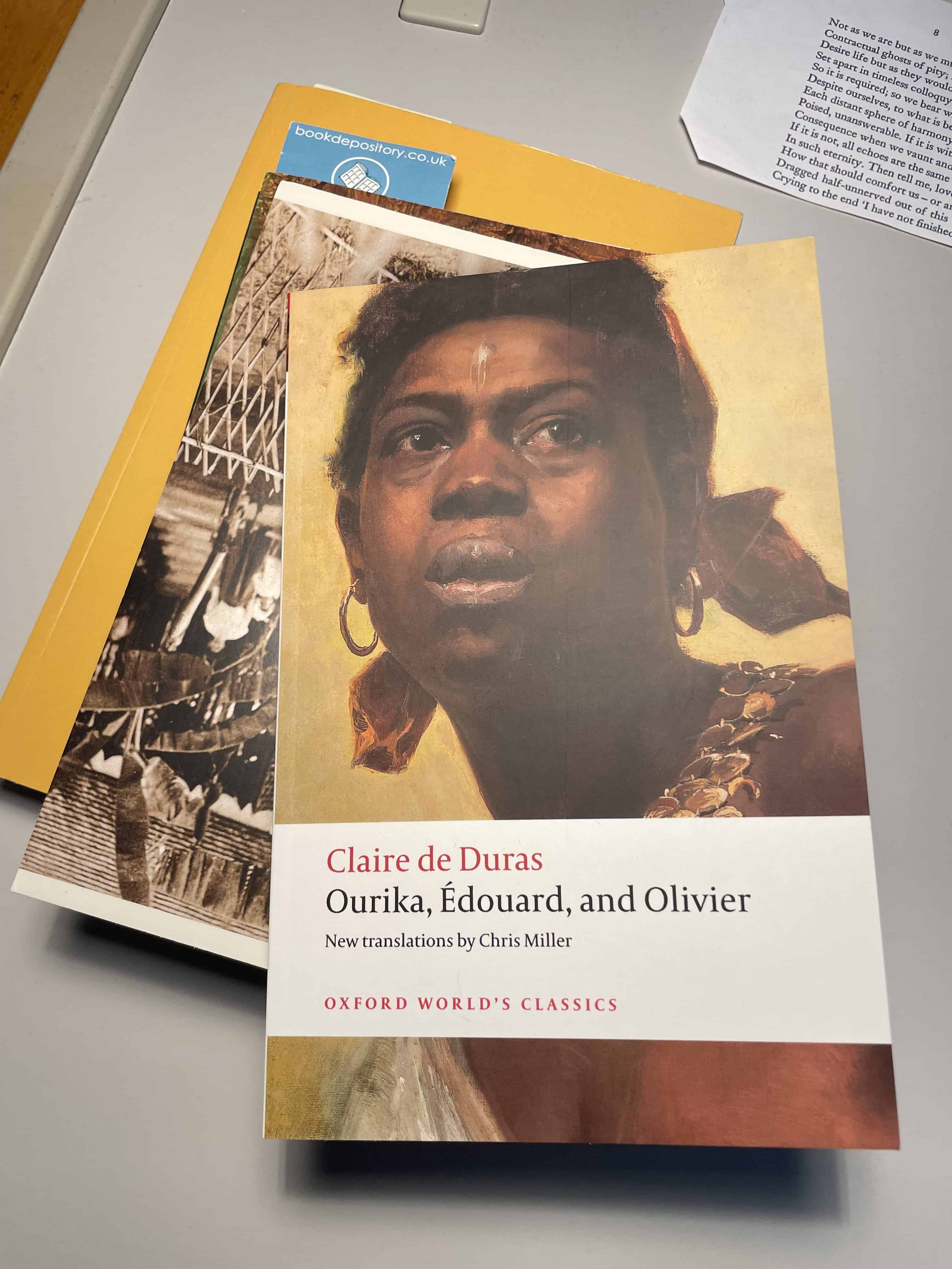 a pile of books -the top one is Claire de Duras: Ourika, Edouard, and Olivier translated by Chris Miller