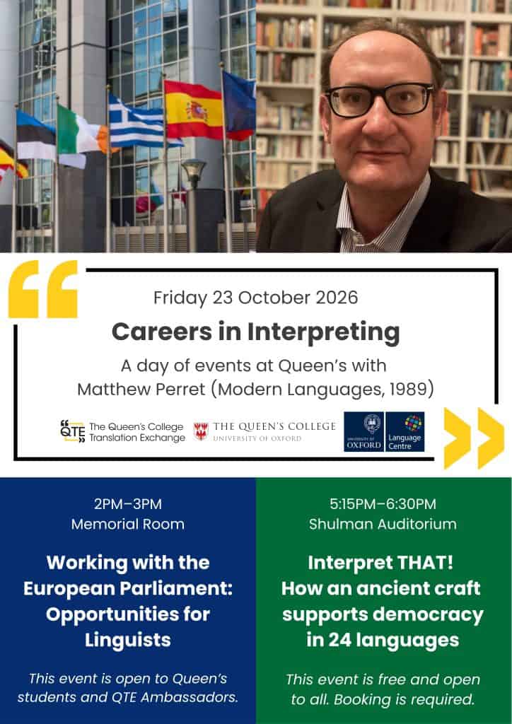 a poster showing a profile photo of Old Member Matthew Perrett and European flags along with text contained on event listings