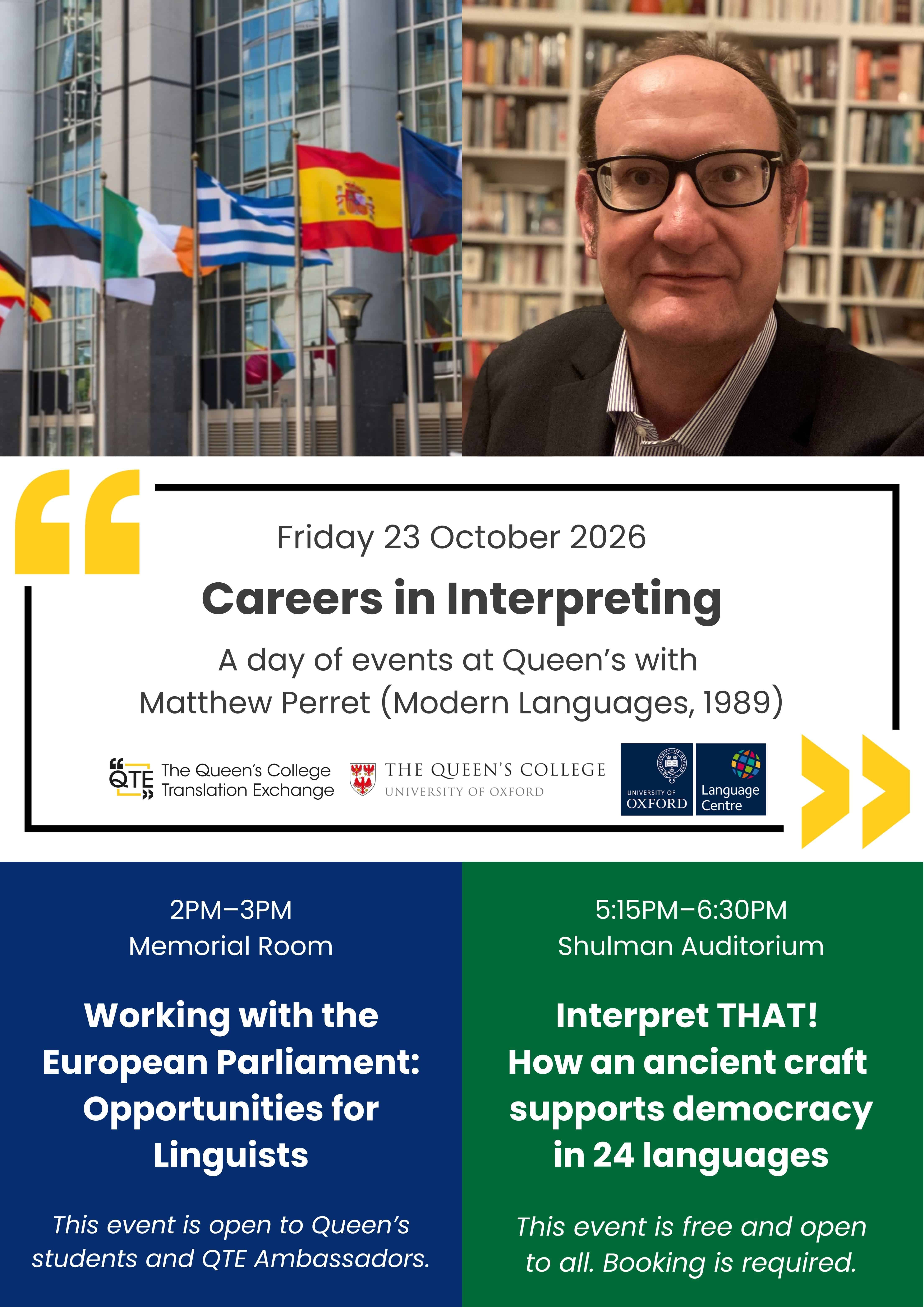 a poster showing a profile photo of Old Member Matthew Perrett and European flags along with text contained on event listings