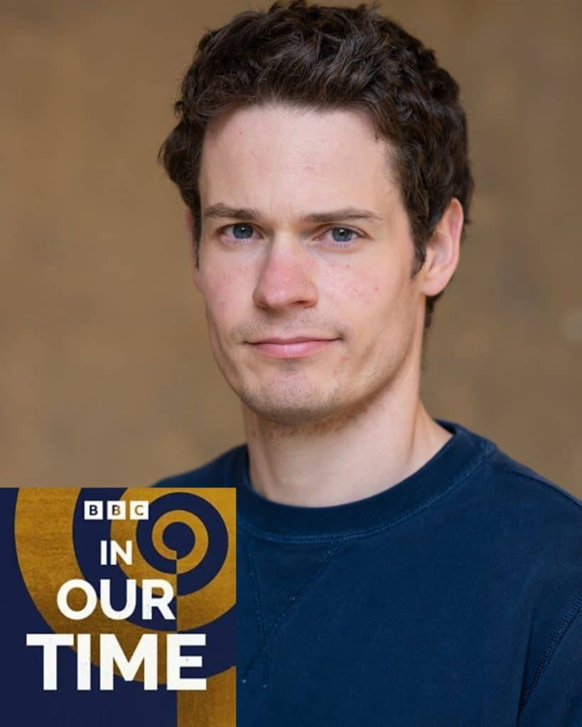 Christopher Metcalf headshot with BBC In Our Time logo with a blue background and gold abstract spiral overlaid in the bottom left corner