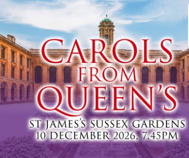 Carols from Queen's text overlaid an image of Front Quad with a hazy purple effect on the lawn